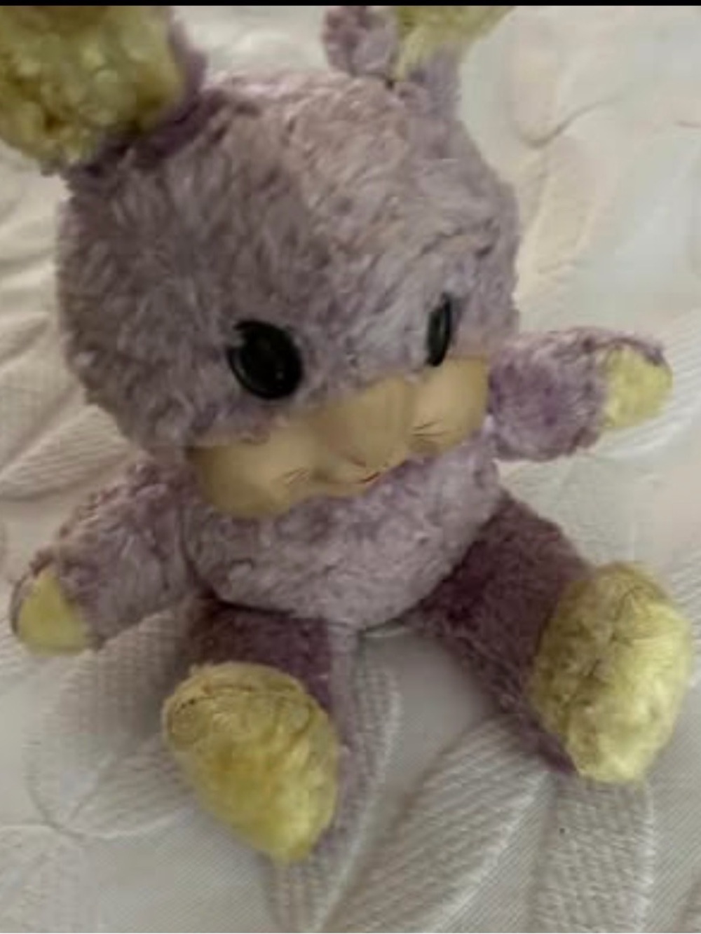 Vintage Plush Bunny Rabbit  Doll in Lavender with Yellow Ears. Rubber face.